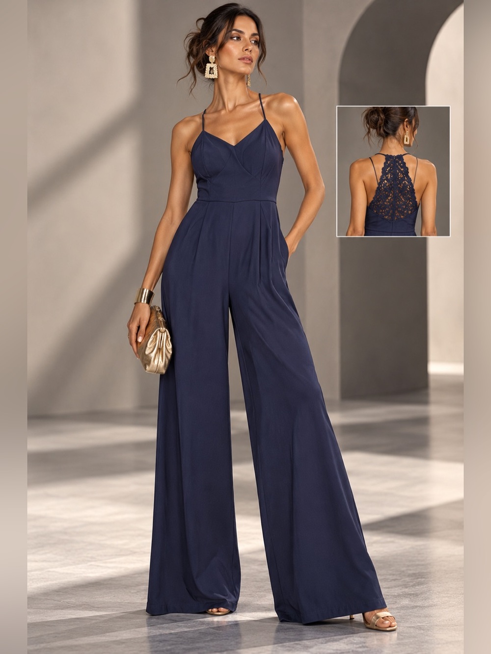 TRIXXI Navy Wide Leg Jumpsuit Medium Lace Back Spaghetti Strap V-Neck
